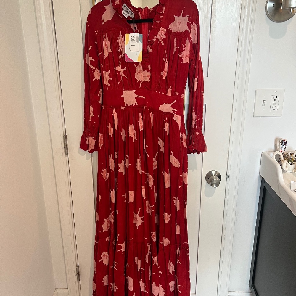 $600 BUSAYO Women Red Ini Ruffled V Neck Maxi dress Size M